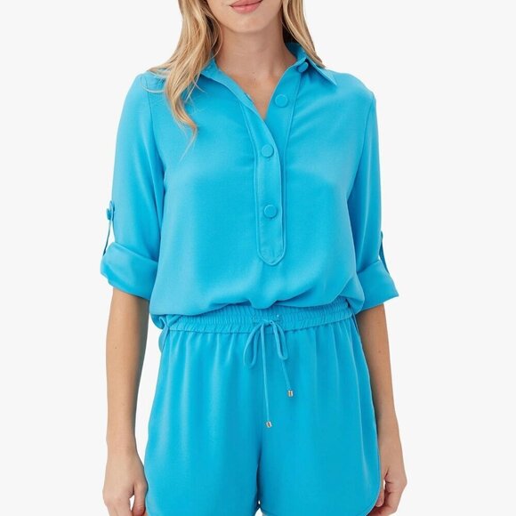 Trina Turk Silky Turquoise Poplin Point Collar Cuffed Long Sleeve Shirt NWOT - Picture 4 of 13